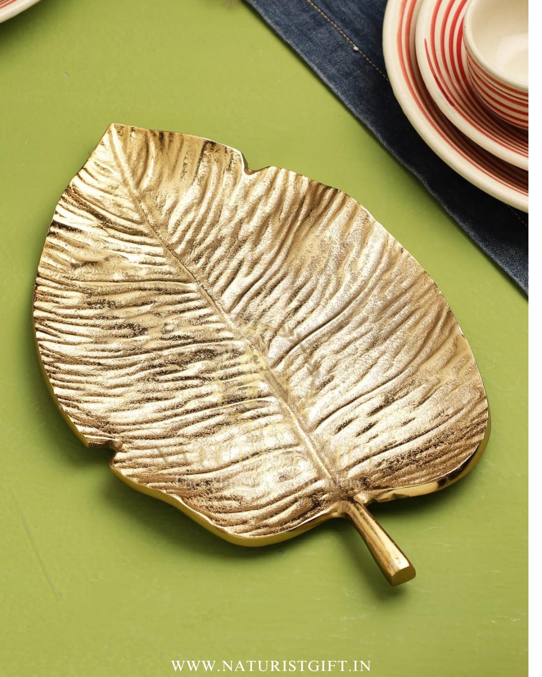Brass Finish Leaf Platter | Decorative Metal Serving Tray for Dry Fruits | Home Decor Centerpiece