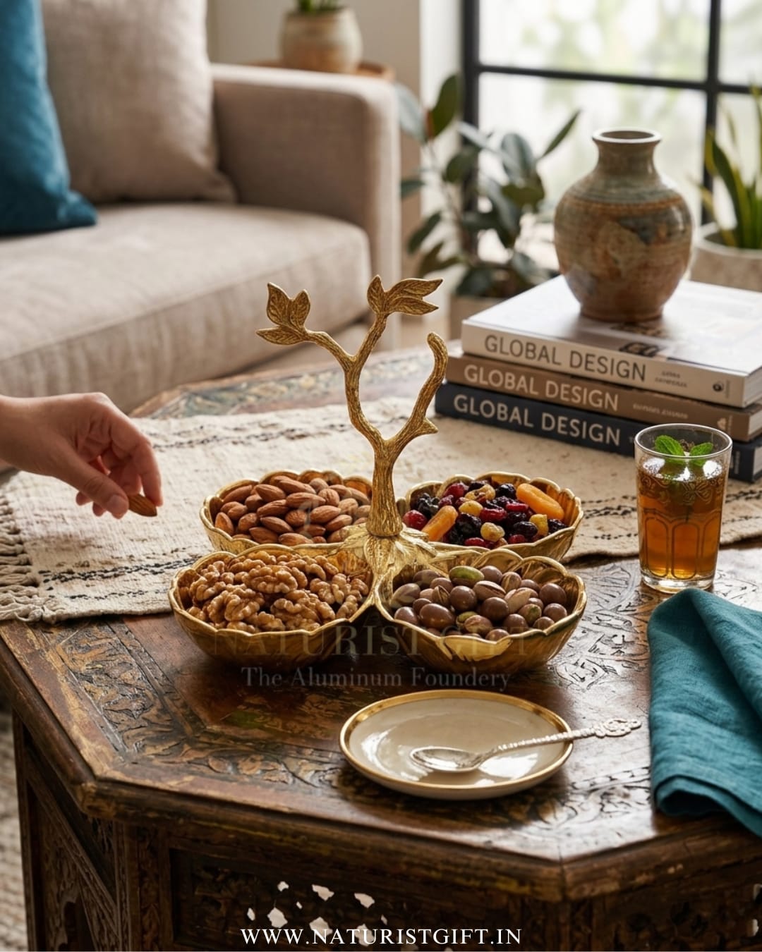 Gold-Finished Leaf Bowl Set | Handcrafted Moradabad Metal Serving Platter for Dry Fruits & Home Decor