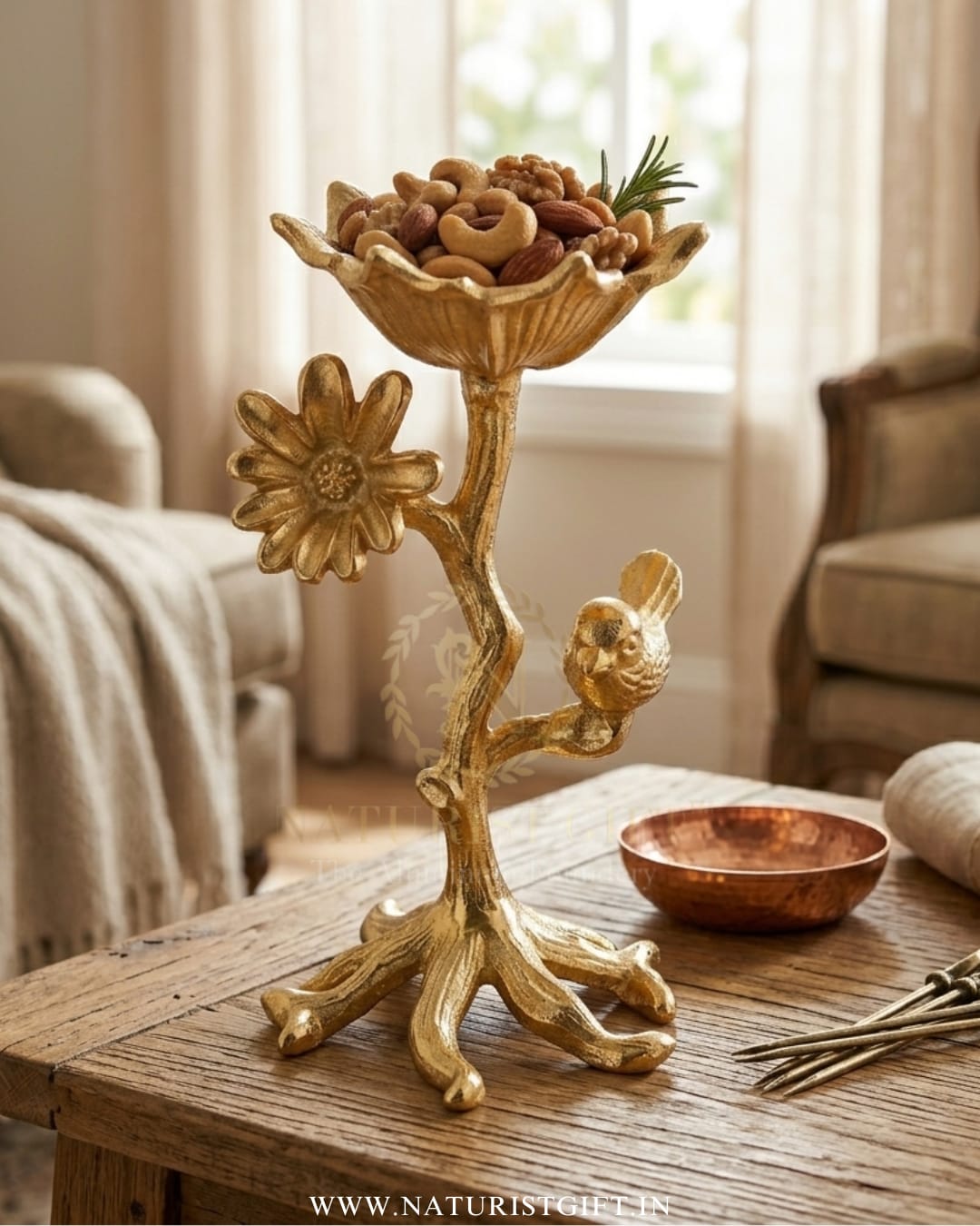 Elegant Brass-Finish Nut Stand for Tabletop Deco