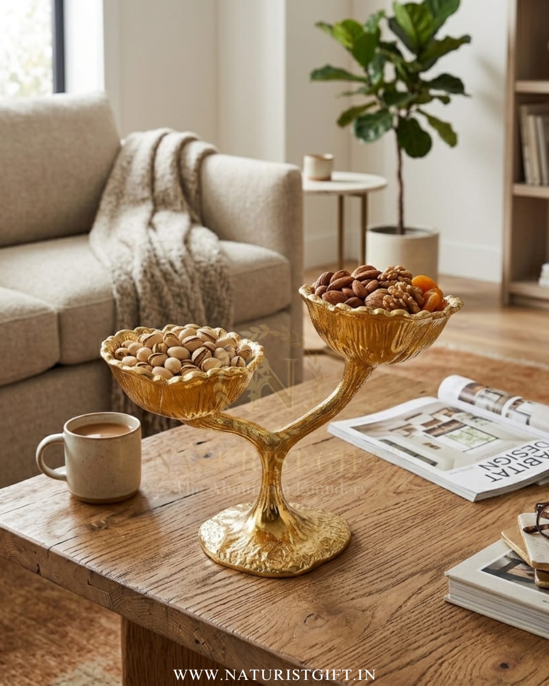 Elegant Gold Two-Tiered Tree Branch Nut Bowl