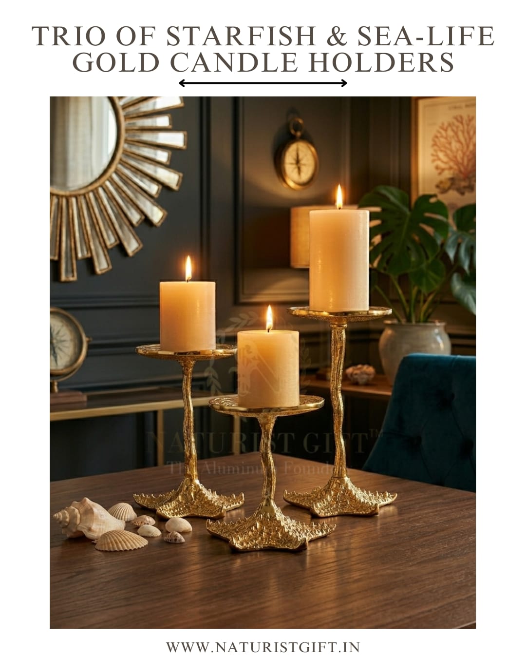 Trio of Starfish & Sea-Life Gold Candle Holders - Image 3