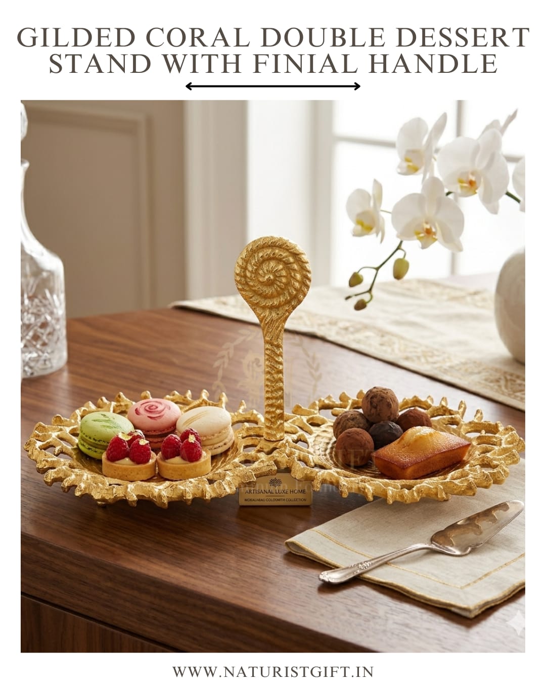 Gilded Coral Double Dessert Stand with Finial Handle - Image 3