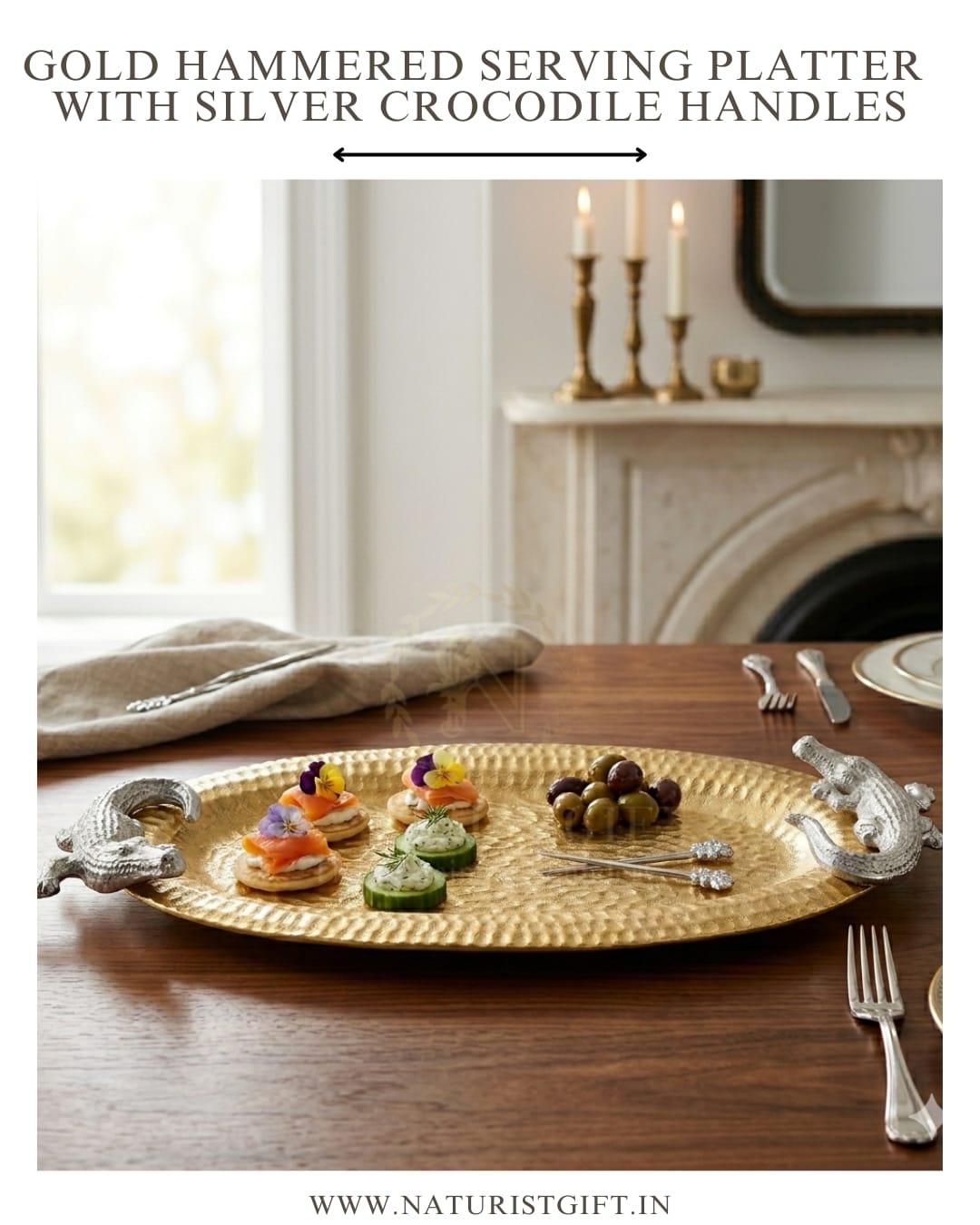 Gold Hammered Serving Platter with Silver Crocodile Handles - Image 3
