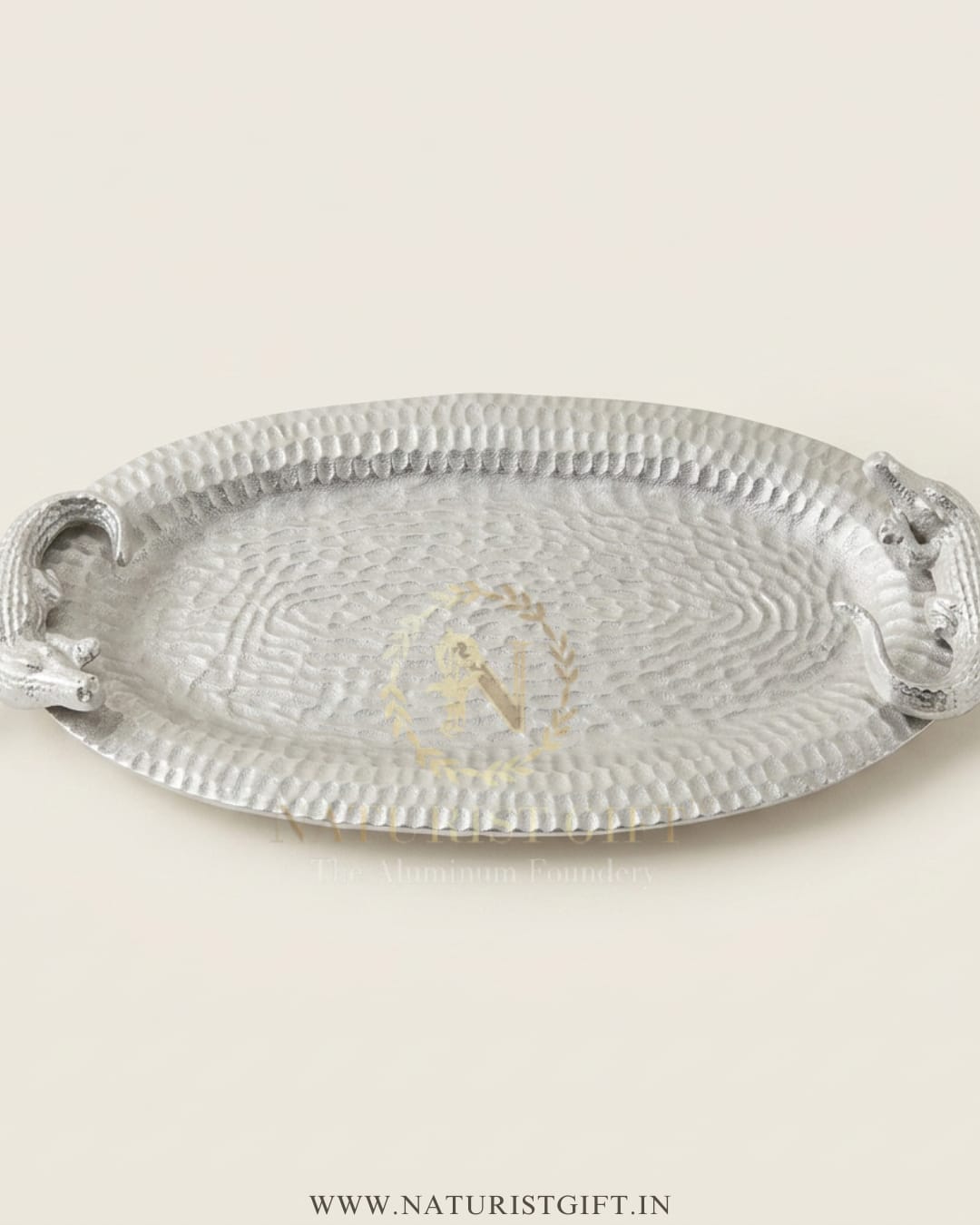 Gold Hammered Serving Platter with Silver Crocodile Handles