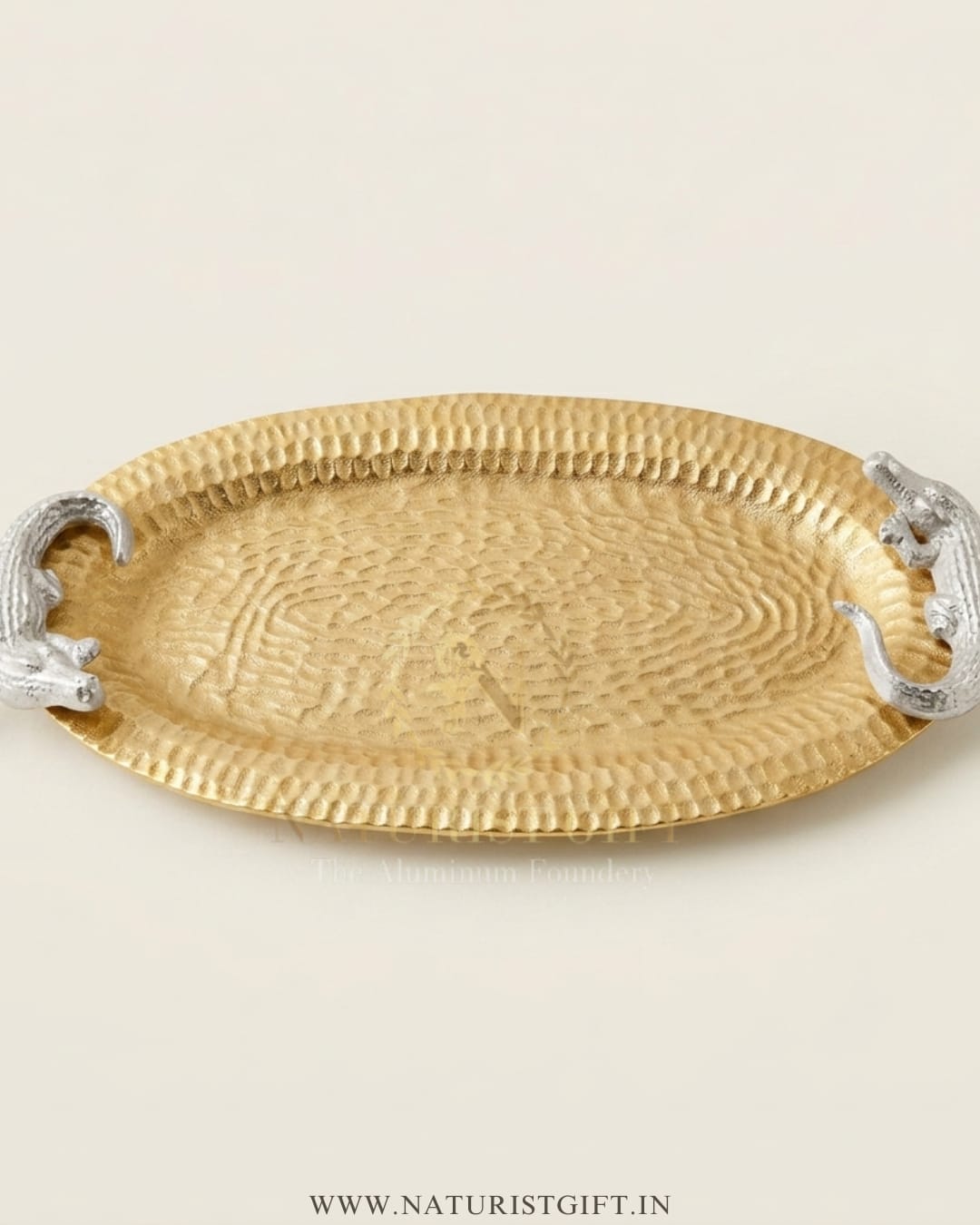 Gold Hammered Serving Platter with Silver Crocodile Handles - Image 2