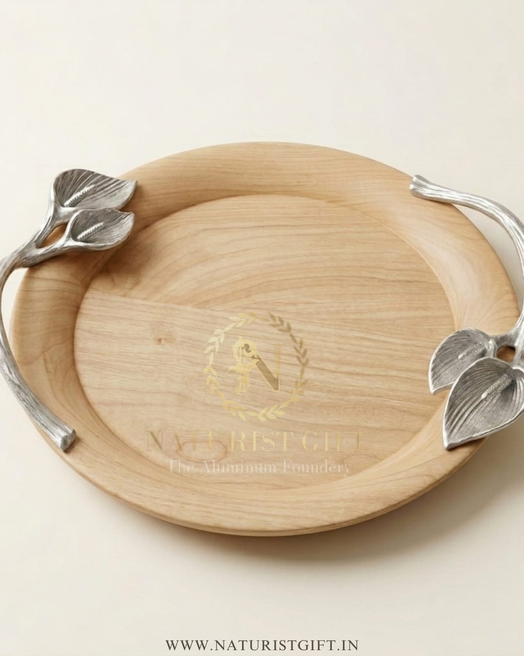 Luxury Natural Wood & Gold Leaf-Handle Serving Tray