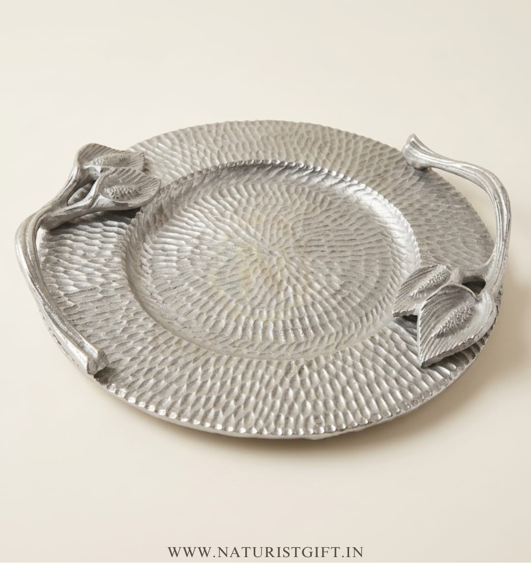 Premium Textured Round Serving Tray with Silver-Finished Floral Handles