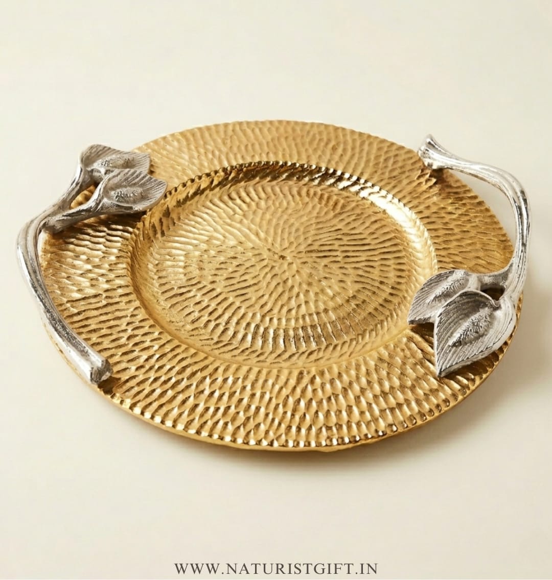 Premium Textured Round Serving Tray with Silver-Finished Floral Handles - Image 2