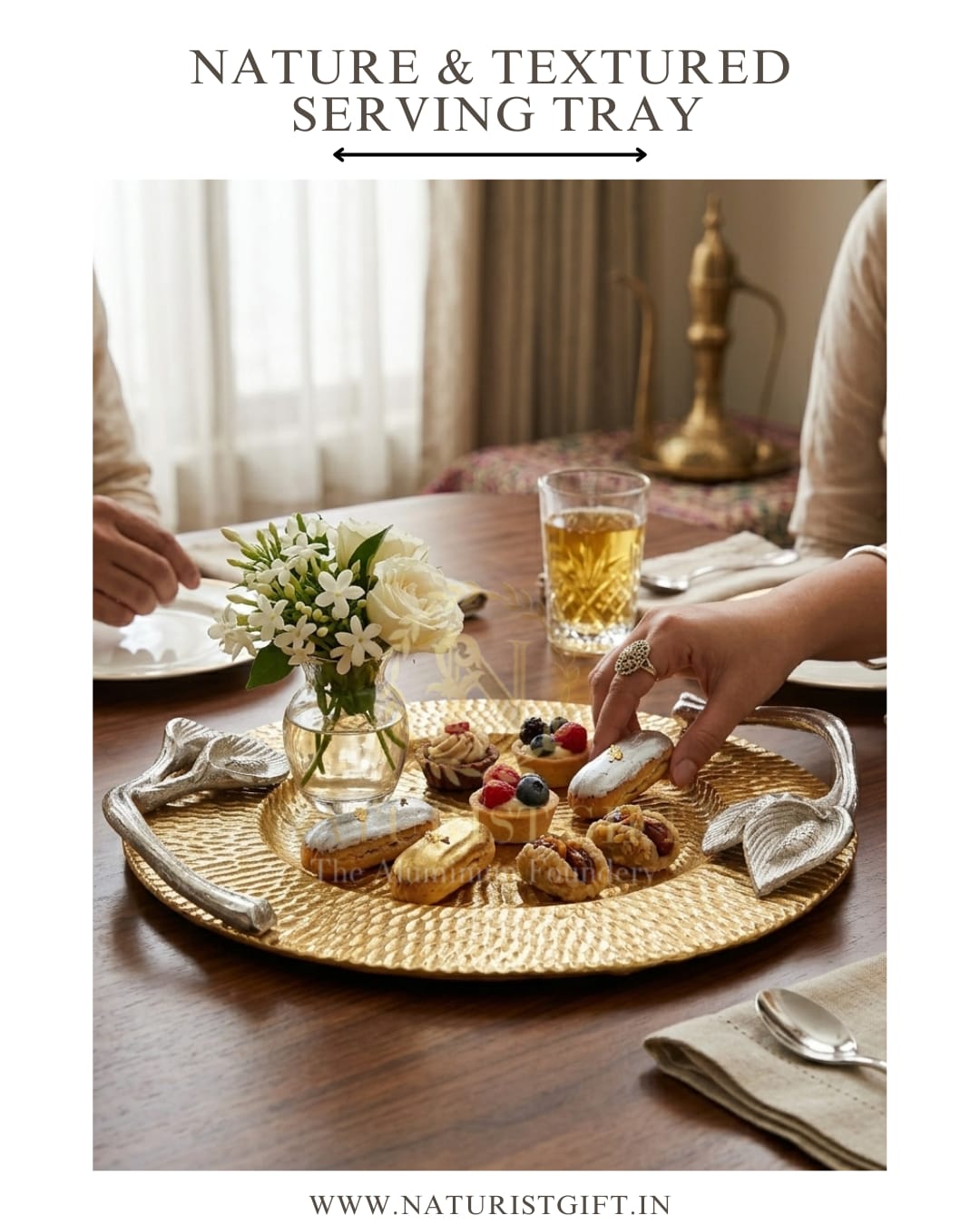 Premium Textured Round Serving Tray with Silver-Finished Floral Handles - Image 3