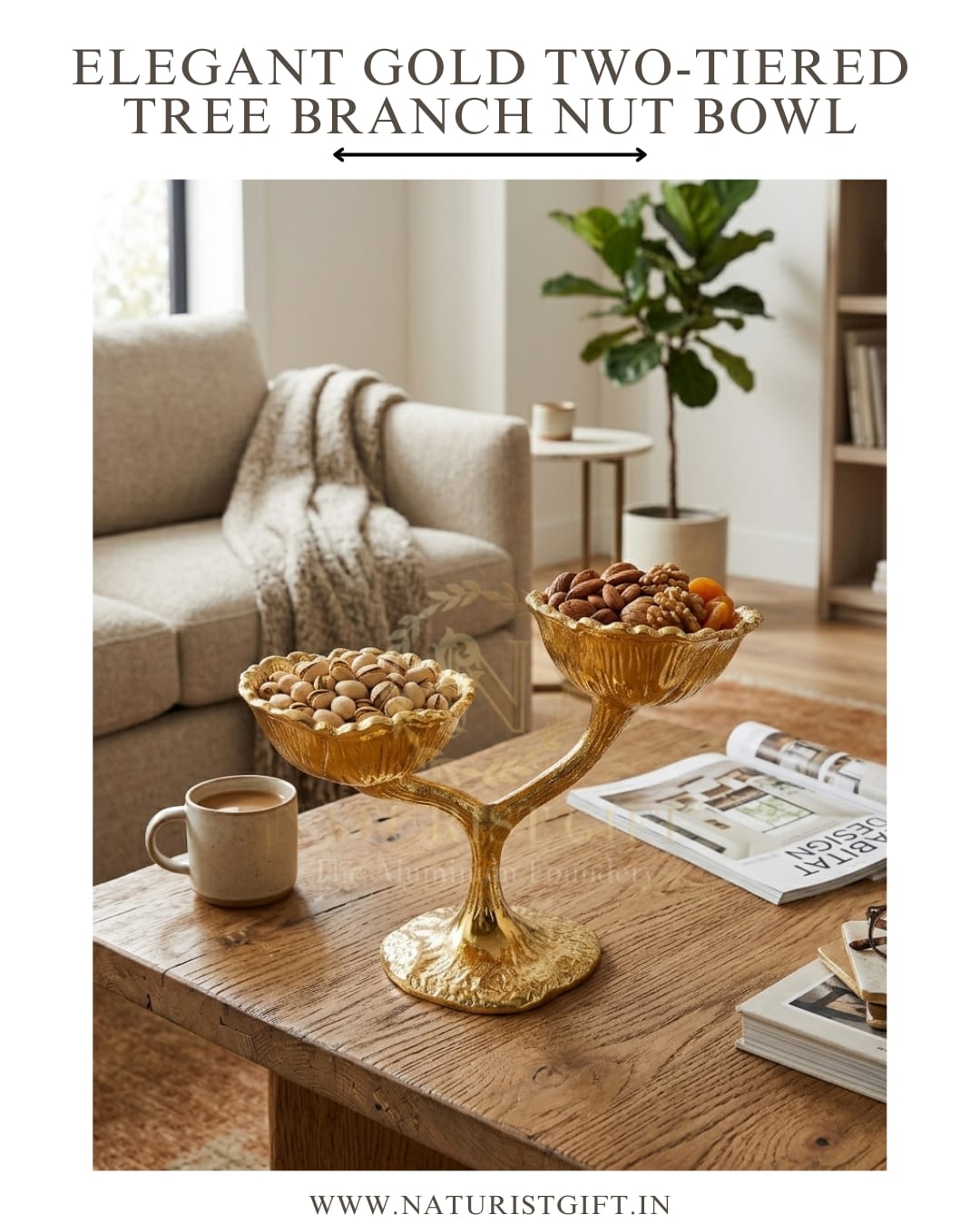 Elegant Gold Two-Tiered Tree Branch Nut Bowl - Image 3
