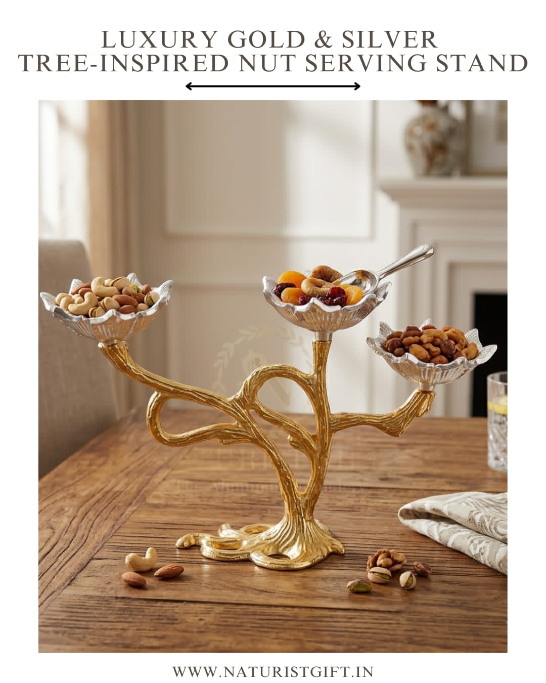 Luxury Gold & Silver Tree-Inspired Nut Serving Stand - Image 3