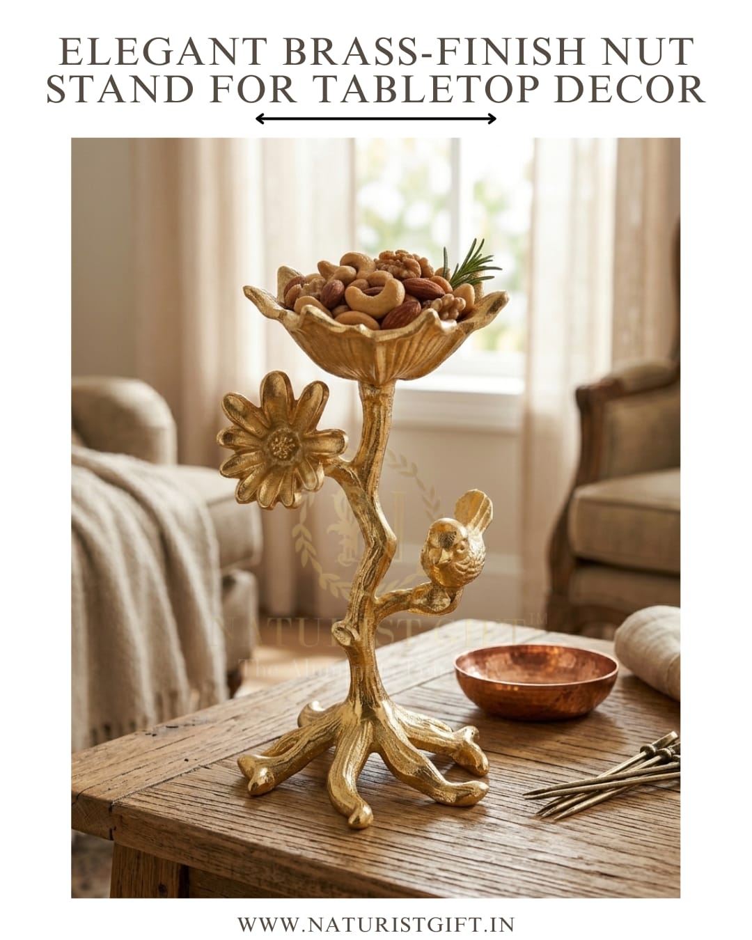 Elegant Brass-Finish Nut Stand for Tabletop Deco - Image 3