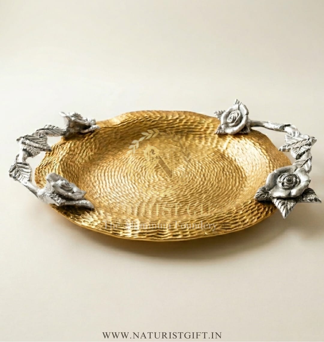 Premium Textured Gold Serving Tray with Rose Handles - Image 2
