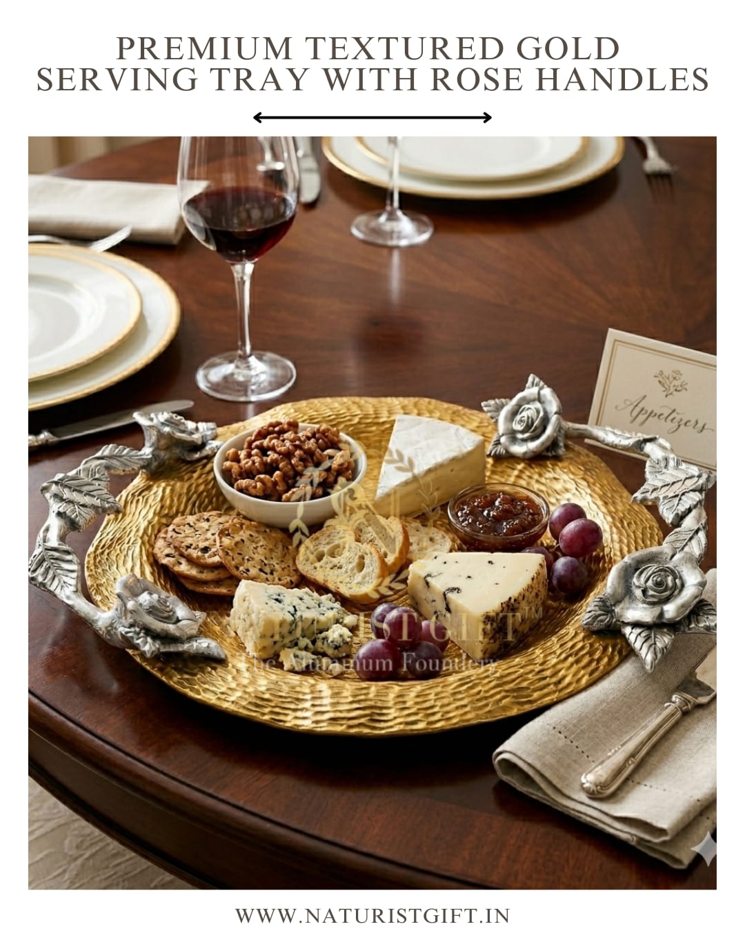 Premium Textured Gold Serving Tray with Rose Handles - Image 3