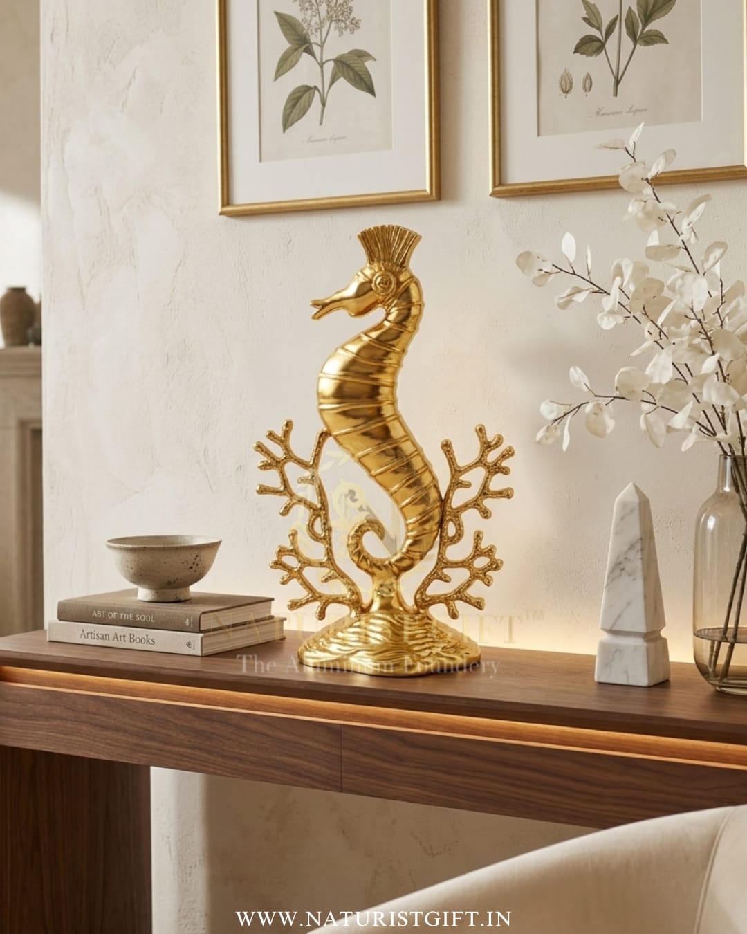 Elegant Golden Seahorse Sculpture – Handcrafted Coastal Decor - Image 3