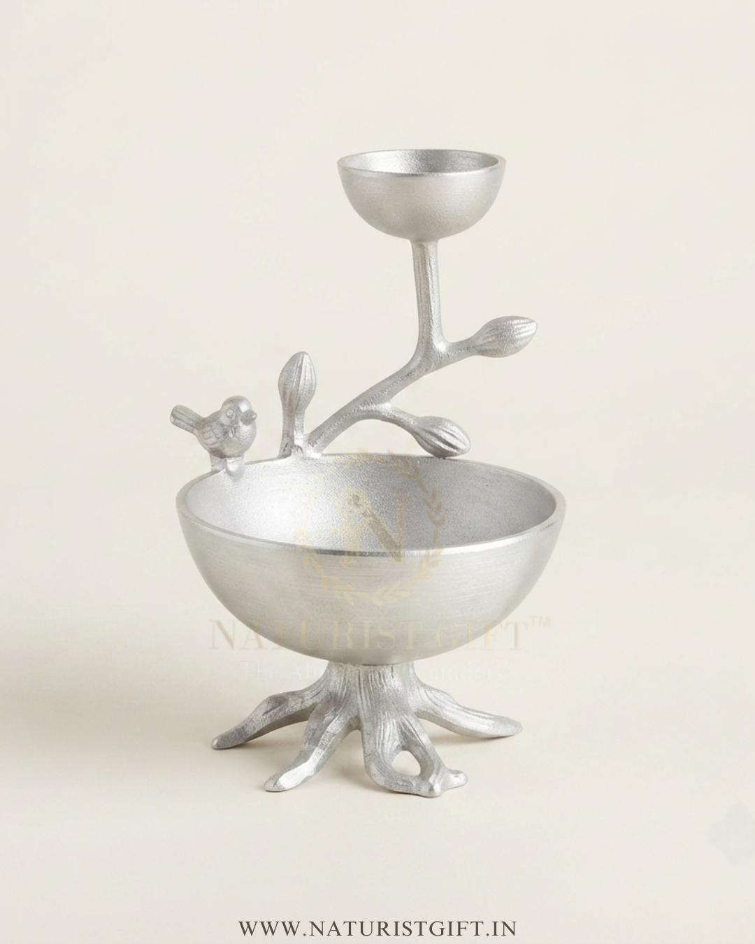 Artistic Tree & Bird Aluminum Serving Bowl