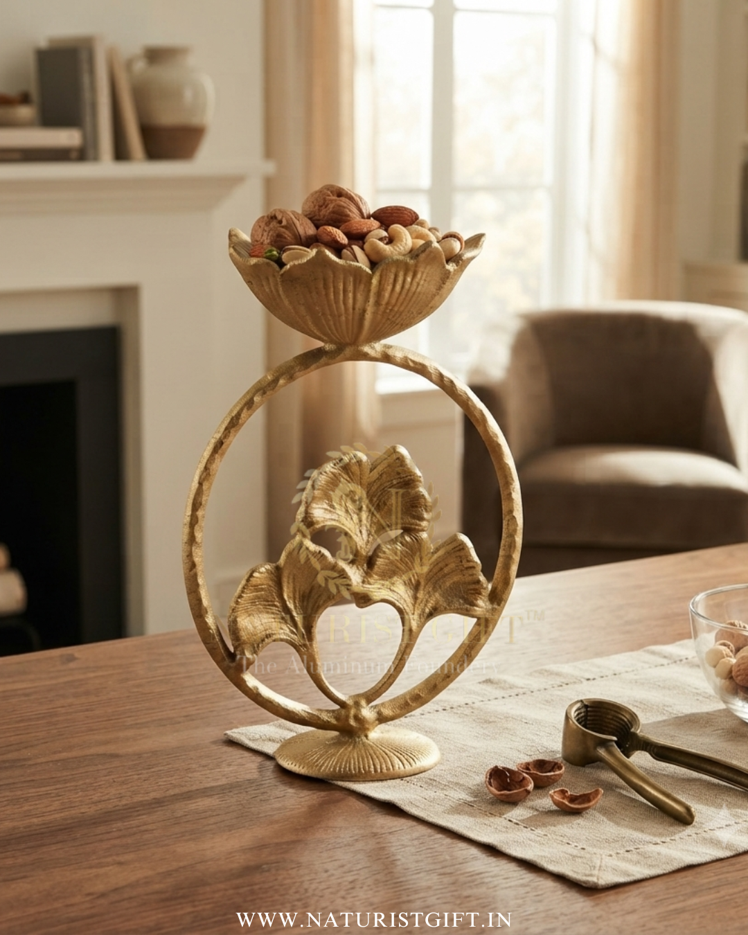 Handcrafted Gold-Finish Floral Nut Bowl - Image 3