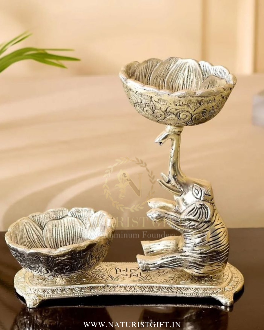 Antique Golden Elephant Double-Bowl Serving Stand - Image 3