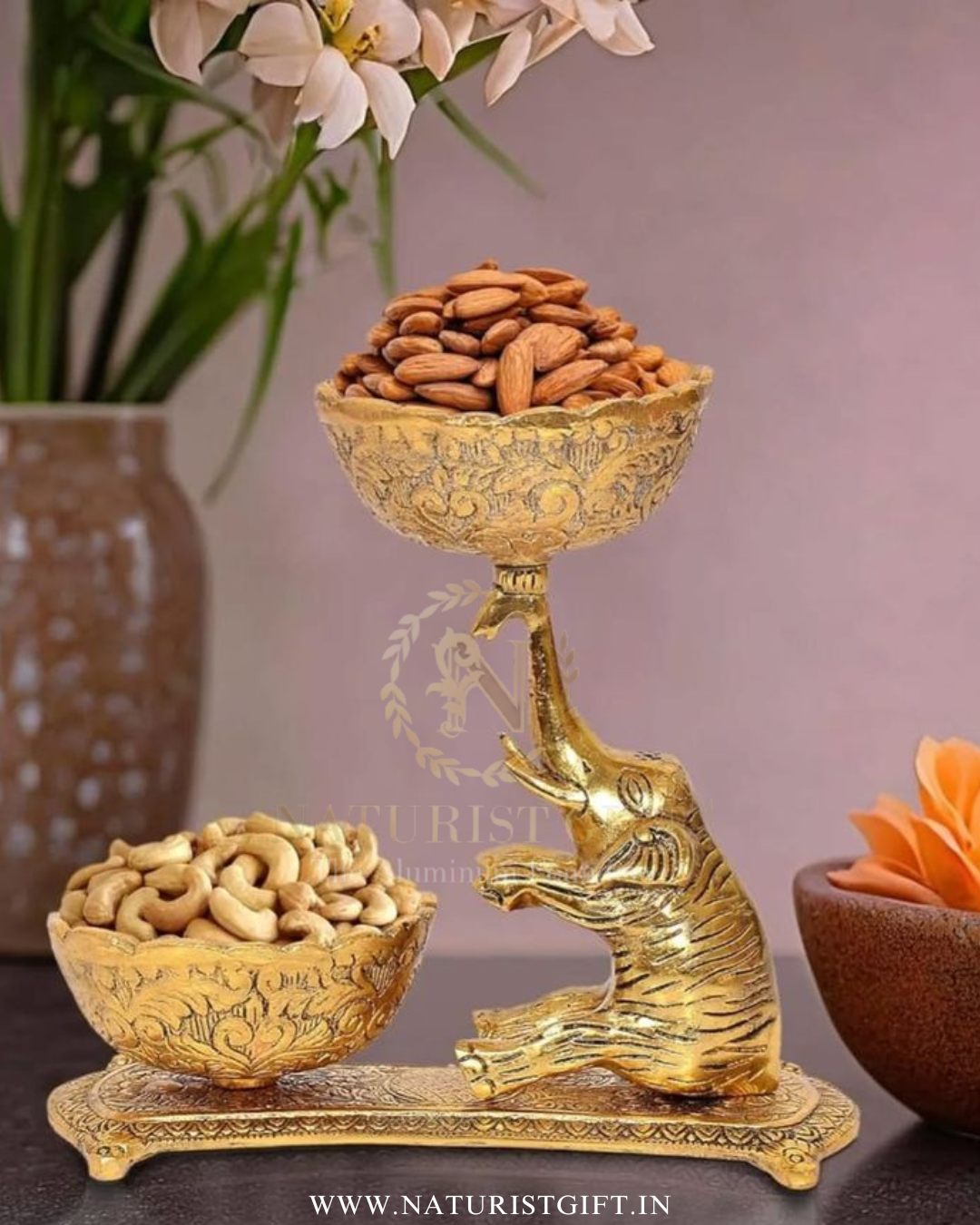 Antique Golden Elephant Double-Bowl Serving Stand