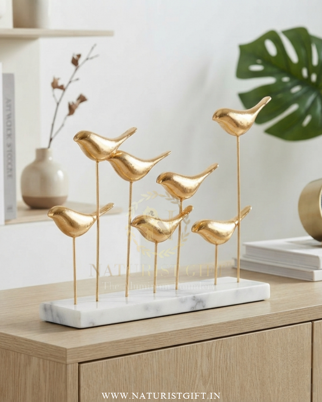 Golden Flock of Birds on Stand – Contemporary Metal Tabletop Sculpture