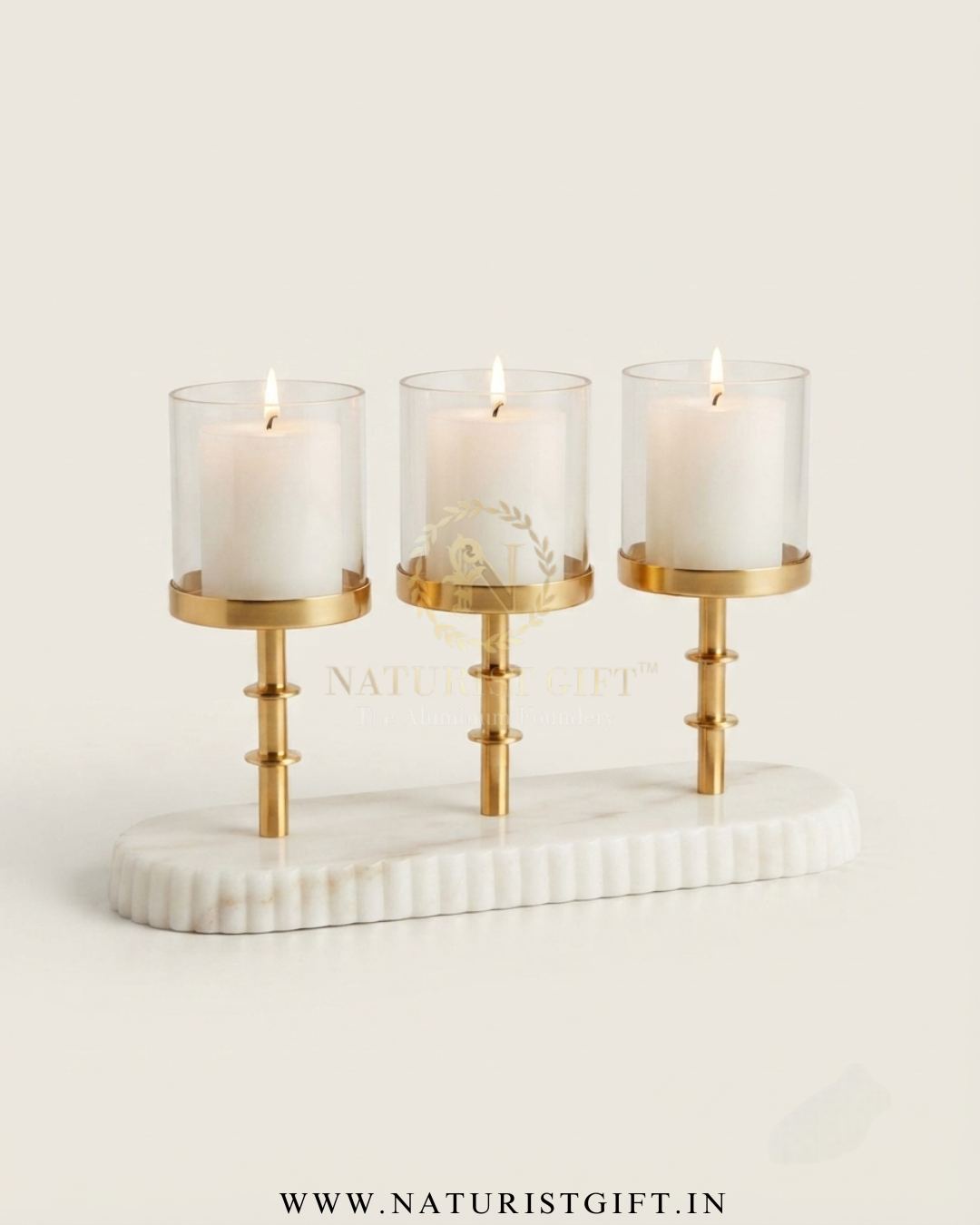 Aluminium Triple Candle Holder with Glass Hurricane Shades – Gold Finish & Marble Base - Image 2