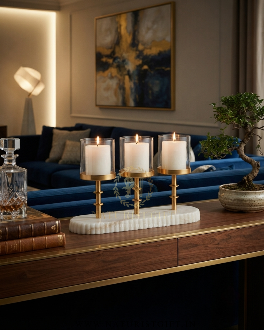 Aluminium Triple Candle Holder with Glass Hurricane Shades – Gold Finish & Marble Base