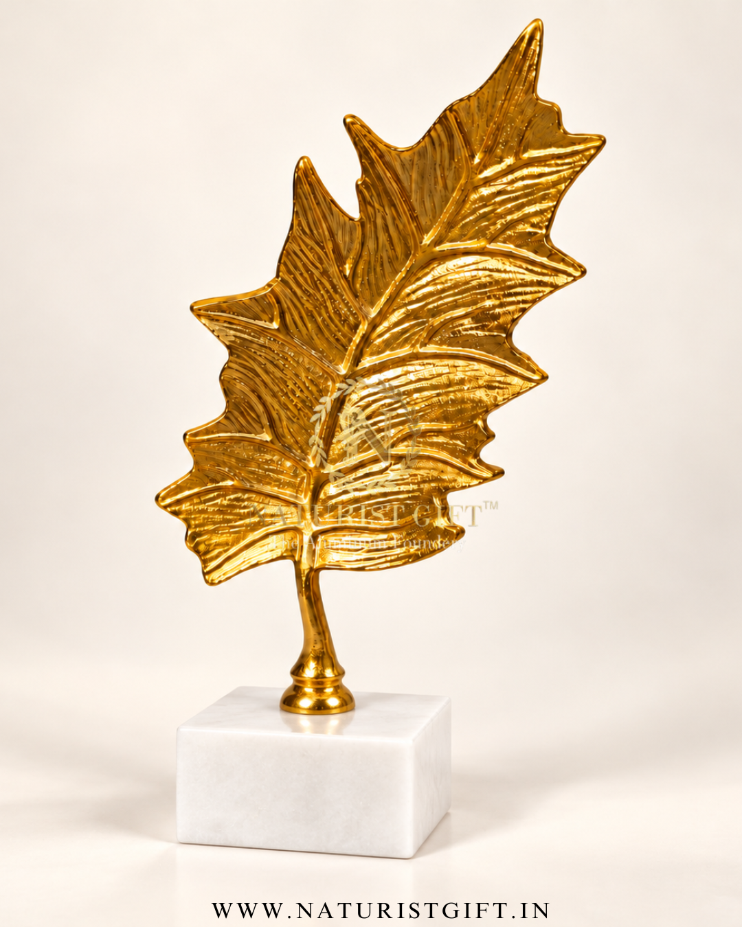 Golden Leaf Decorative Sculpture with Marble Base - Image 2