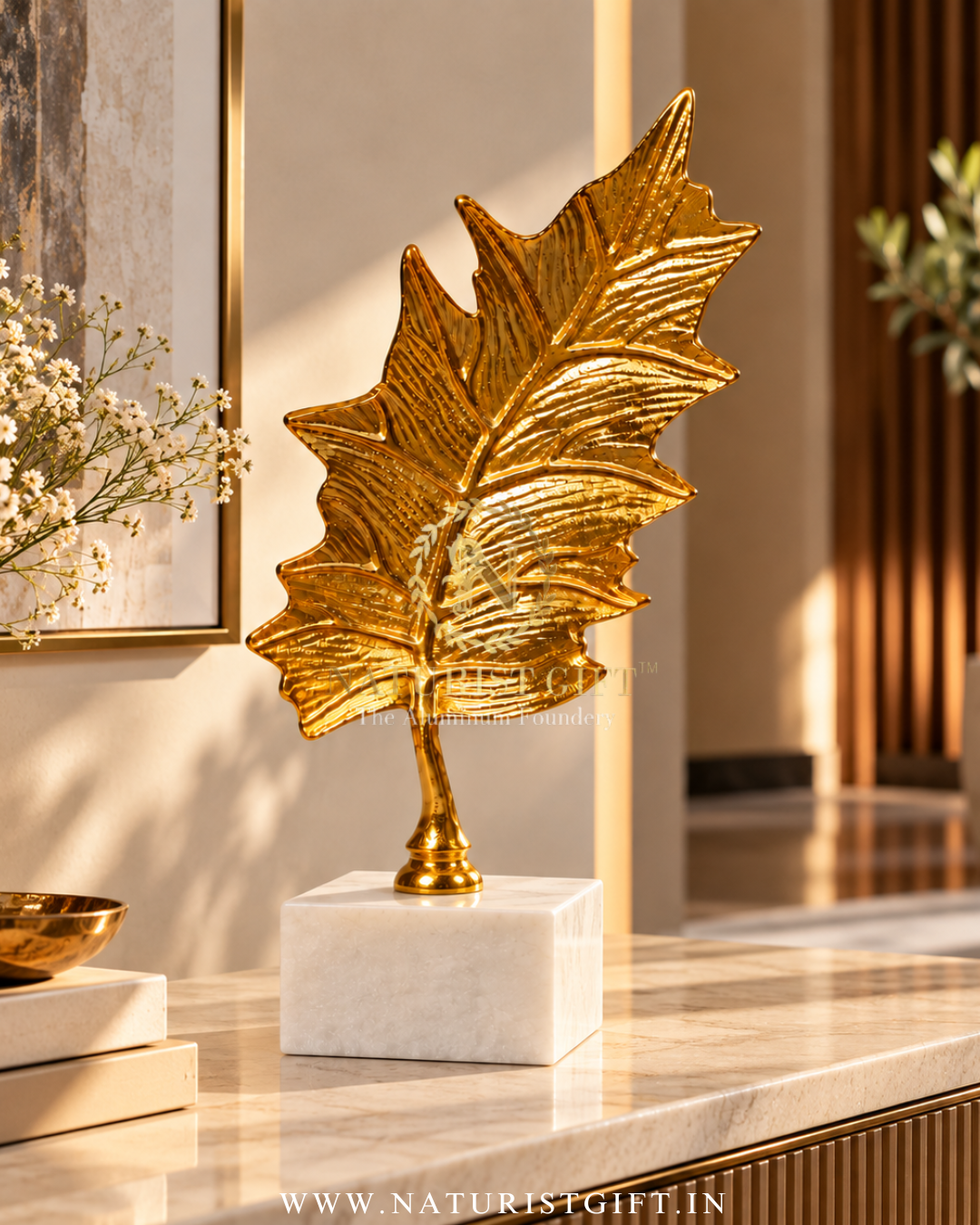Golden Leaf Decorative Sculpture with Marble Base